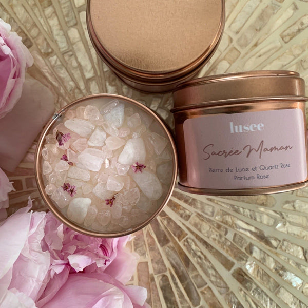 Bougie "Sacrée Maman" - Pierre de Lune & Quartz Rose & Rose Ancienne