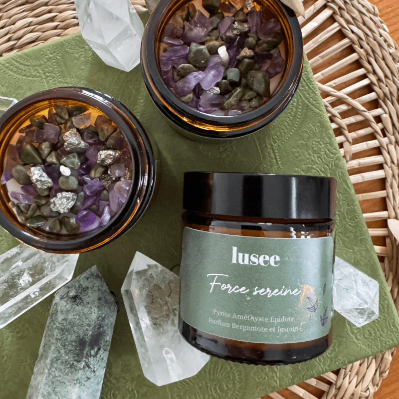 Bougie "Force Sereine" - Pyrite Améthyste et Epidote & Parfum Bergamote et Jasmin