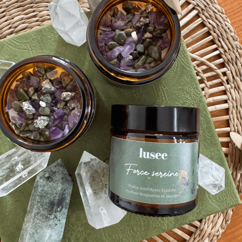 Bougie "Force Sereine" - Pyrite Améthyste et Epidote & Parfum Bergamote et Jasmin