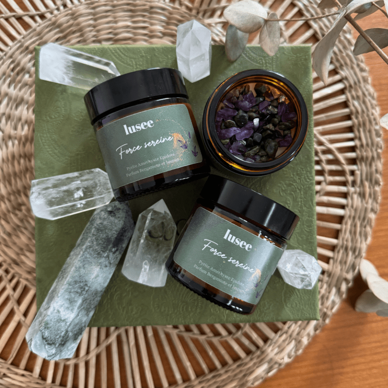 Bougie "Force Sereine" - Pyrite Améthyste et Epidote & Parfum Bergamote et Jasmin
