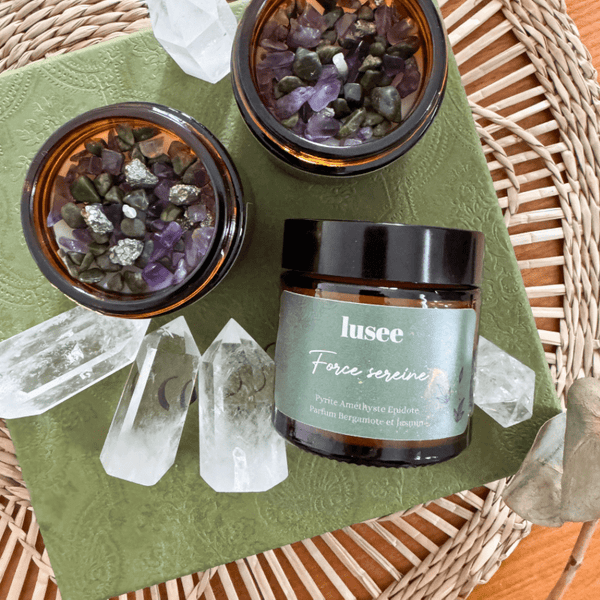 Bougie "Force Sereine" - Pyrite Améthyste et Epidote & Parfum Bergamote et Jasmin