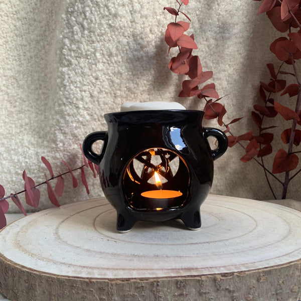 brûle parfum noir céramique en forme de chaudron avec gravure pentagramme wicca sorcière