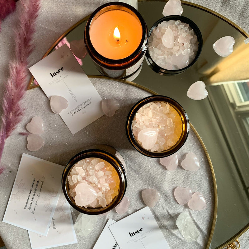 Bougie "Âme Soeur" - Coeur Quartz Rose & Parfum Gardénia Rose Jasmin