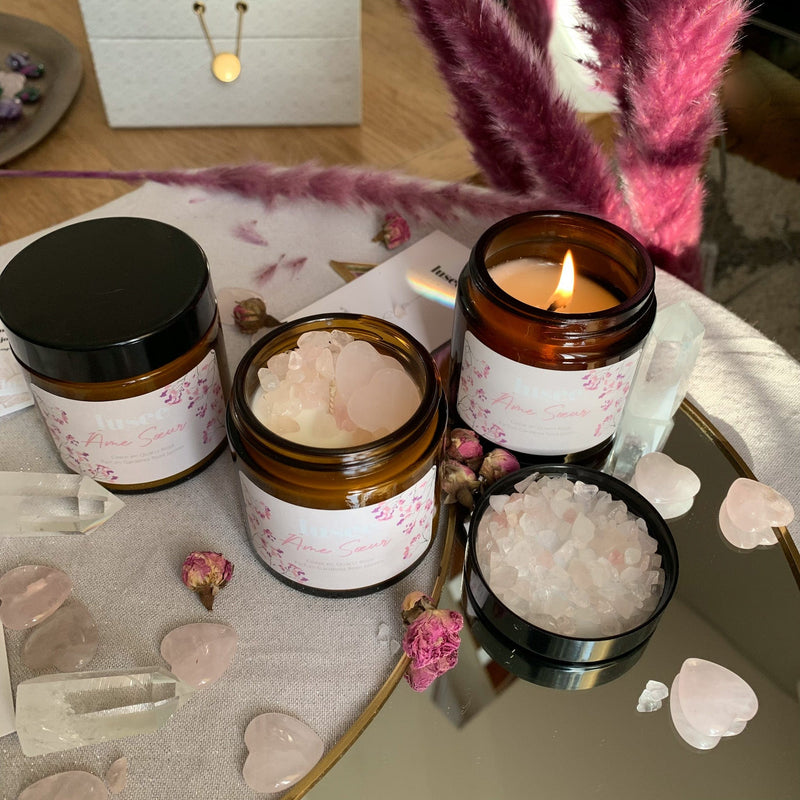 Bougie "Âme Soeur" - Coeur Quartz Rose & Parfum Gardénia Rose Jasmin